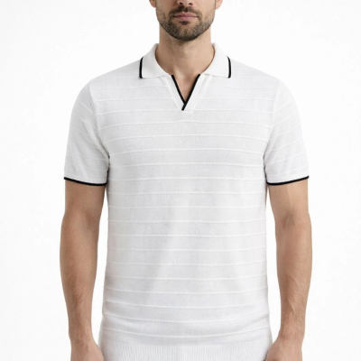 Erkek Kısa kol Fitilli Triko Polo Yaka Düğmesiz T-shirt 2'li Set Beyaz-Siyah