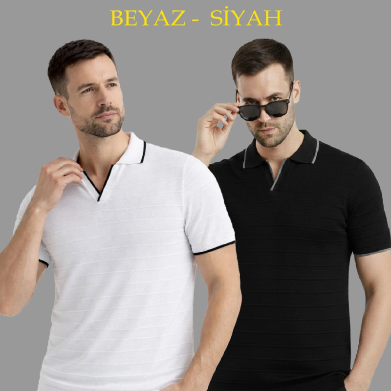 Erkek Kısa kol Fitilli Triko Polo Yaka Düğmesiz T-shirt 2'li Set Beyaz-Siyah