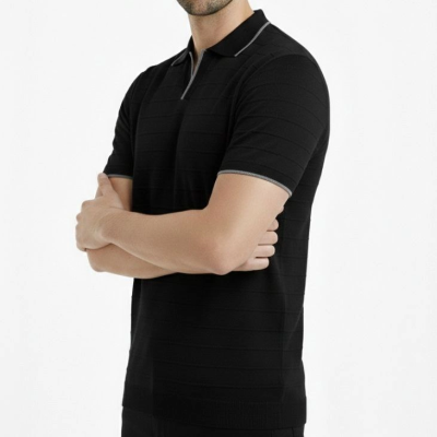 Erkek Kısa kol Fitilli Triko Polo Yaka Düğmesiz T-shirt 2'li Set Beyaz-Siyah