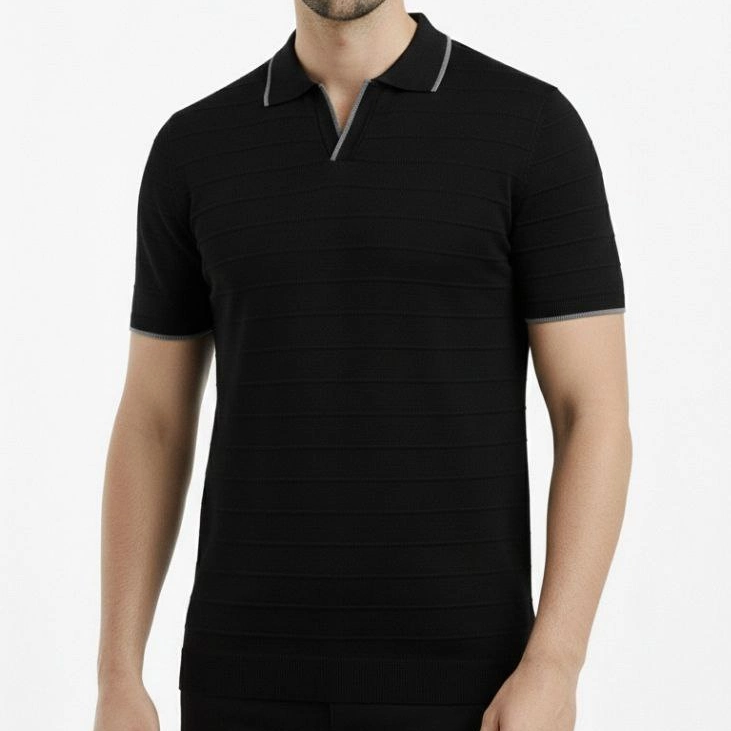 Erkek Kısa kol Fitilli Triko Polo Yaka Düğmesiz T-shirt 2'li Set Beyaz-Siyah