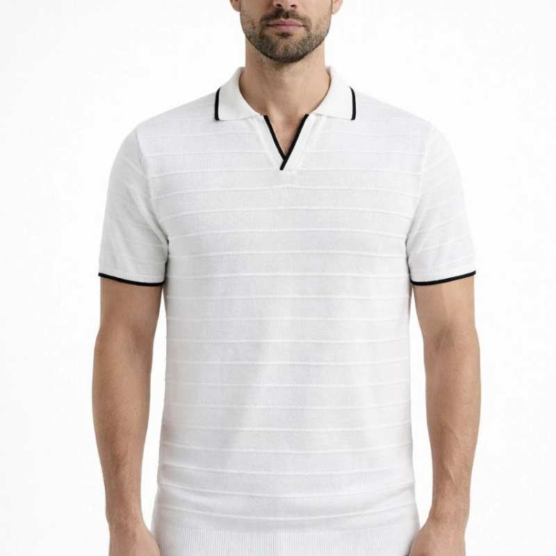 Erkek Kısa kol Fitilli Triko Polo Yaka Düğmesiz T-shirt 2'li Set Beyaz-Siyah