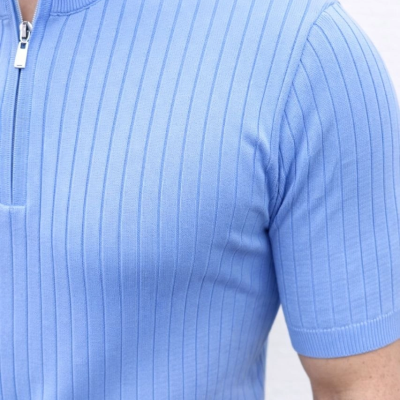 Erkek Kısa Kol Fitilli Triko T-Shirt Yazlık Hakim Yaka Tişört - Bebek Mavisi