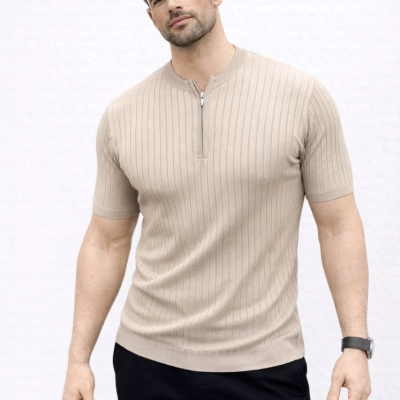 Erkek Kısa Kol Fitilli Triko T-Shirt Yazlık Hakim Yaka Tişört - Bej