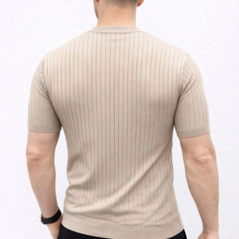 Erkek Kısa Kol Fitilli Triko T-Shirt Yazlık Hakim Yaka Tişört - Bej