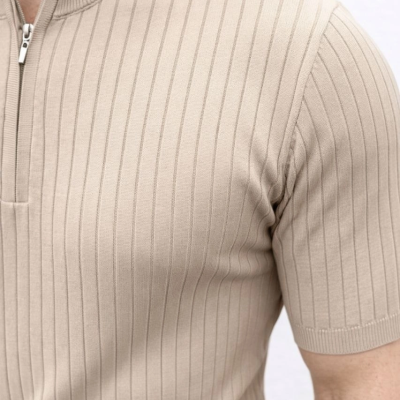 Erkek Kısa Kol Fitilli Triko T-Shirt Yazlık Hakim Yaka Tişört - Bej