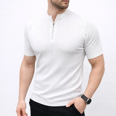 Erkek Kısa Kol Fitilli Triko T-Shirt Yazlık Hakim Yaka Tişört - Beyaz