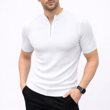 Erkek Kısa Kol Fitilli Triko T-Shirt Yazlık Hakim Yaka Tişört - Beyaz