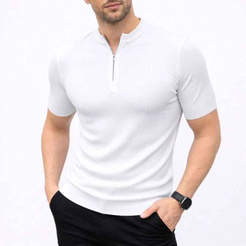 Erkek Kısa Kol Fitilli Triko T-Shirt Yazlık Hakim Yaka Tişört - Beyaz