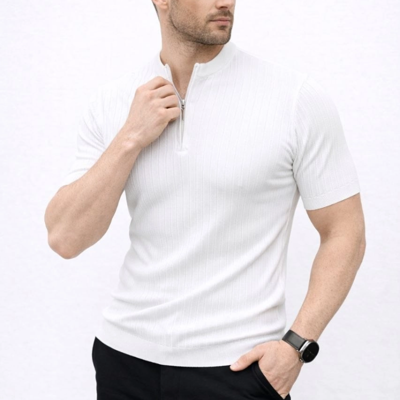 Erkek Kısa Kol Fitilli Triko T-Shirt Yazlık Hakim Yaka Tişört - Beyaz