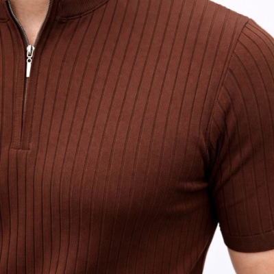 Erkek Kısa Kol Fitilli Triko T-Shirt Yazlık Hakim Yaka Tişört - Kahverengi