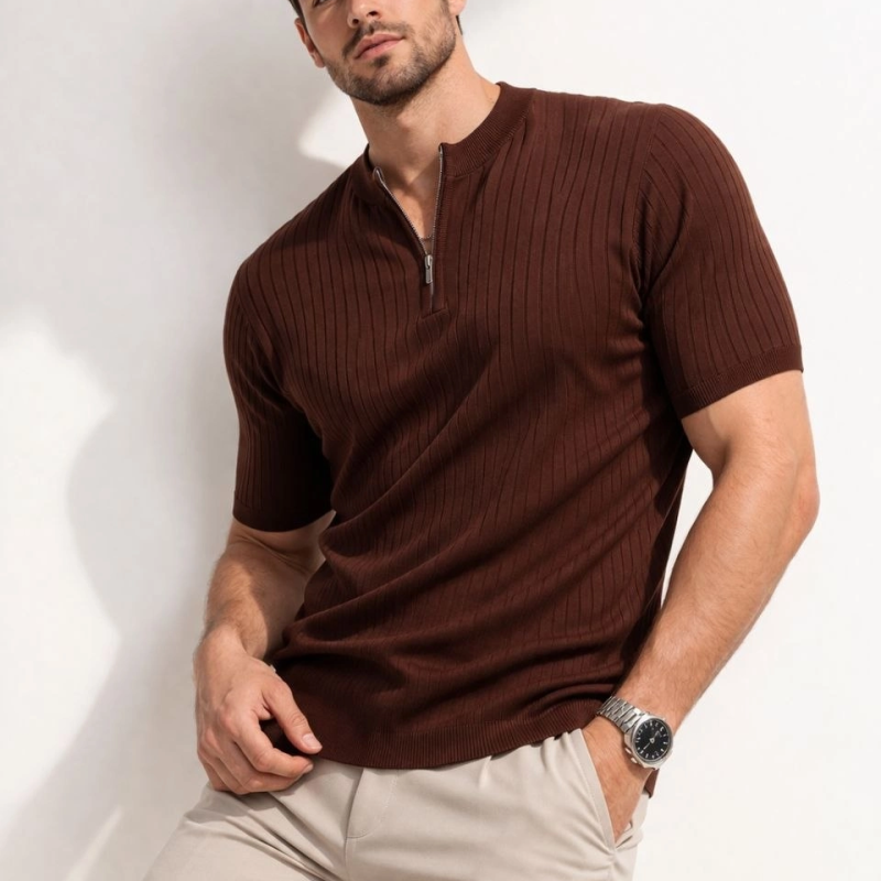 Erkek Kısa Kol Fitilli Triko T-Shirt Yazlık Hakim Yaka Tişört - Kahverengi