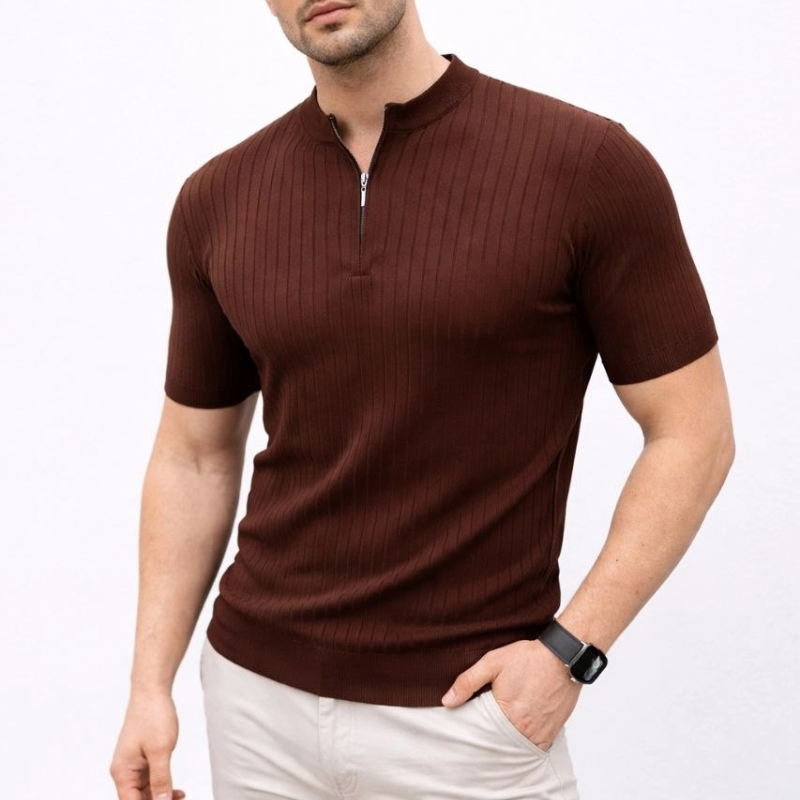 Erkek Kısa Kol Fitilli Triko T-Shirt Yazlık Hakim Yaka Tişört - Kahverengi