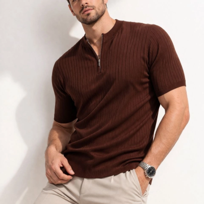 Erkek Kısa Kol Fitilli Triko T-Shirt Yazlık Hakim Yaka Tişört - Kahverengi