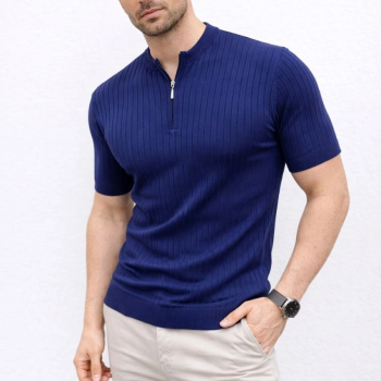 Erkek Kısa Kol Fitilli Triko T-Shirt Yazlık Hakim Yaka Tişört - Lacivert