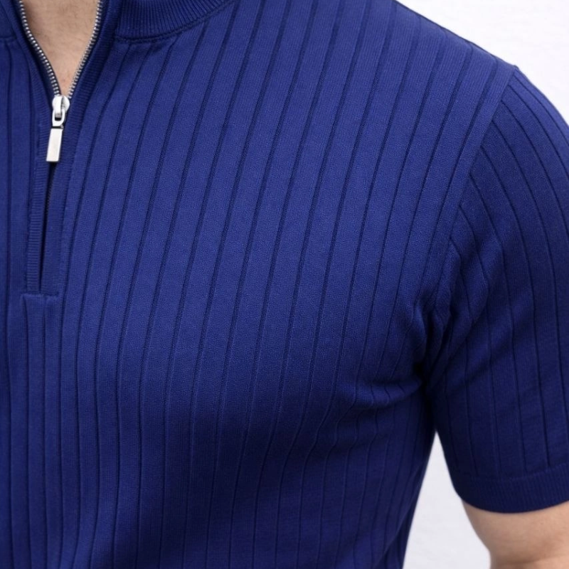 Erkek Kısa Kol Fitilli Triko T-Shirt Yazlık Hakim Yaka Tişört - Lacivert