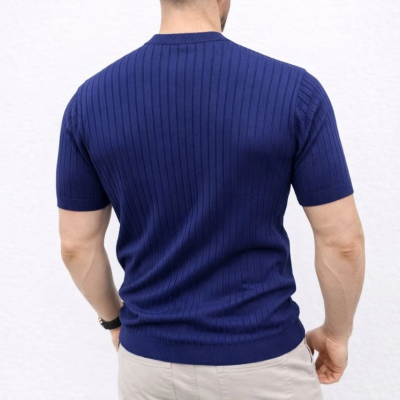 Erkek Kısa Kol Fitilli Triko T-Shirt Yazlık Hakim Yaka Tişört - Lacivert