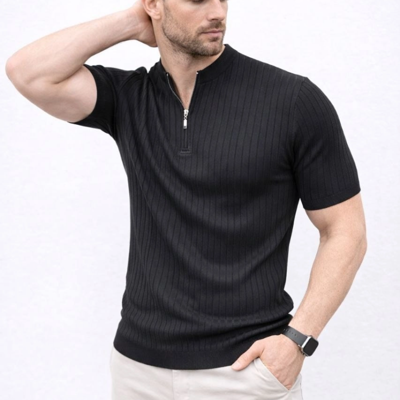 Erkek Kısa Kol Fitilli Triko T-Shirt Yazlık Hakim Yaka Tişört - Siyah