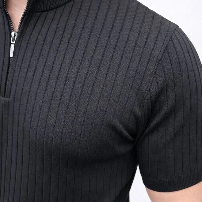 Erkek Kısa Kol Fitilli Triko T-Shirt Yazlık Hakim Yaka Tişört - Siyah