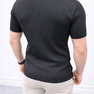Erkek Kısa Kol Fitilli Triko T-Shirt Yazlık Hakim Yaka Tişört - Siyah