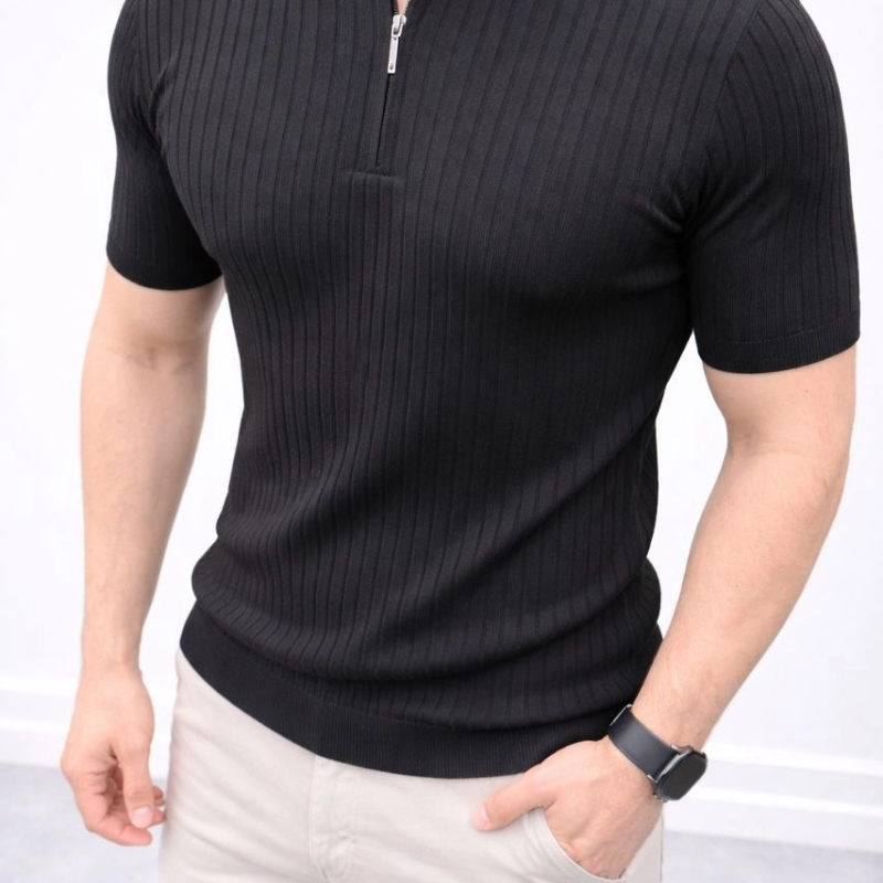 Erkek Kısa Kol Fitilli Triko T-Shirt Yazlık Hakim Yaka Tişört - Siyah