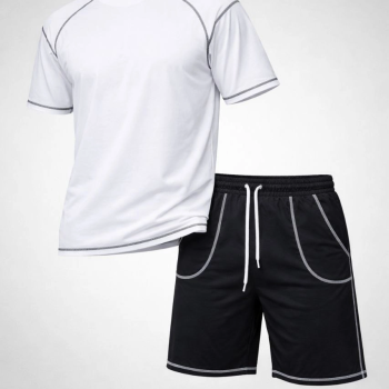 Erkek Kısa Kol Oversize Kalıp Tişört Şort ikili Takım Kontrast Dikişli - Beyaz