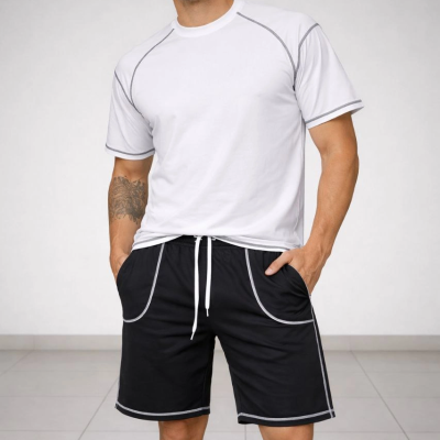 Erkek Kısa Kol Oversize Kalıp Tişört Şort ikili Takım Kontrast Dikişli - Beyaz