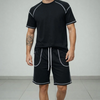 Erkek Kısa Kol Oversize Kalıp Tişört Şort ikili Takım Kontrast Dikişli - Siyah
