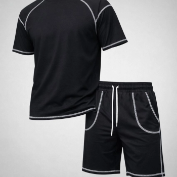 Erkek Kısa Kol Oversize Kalıp Tişört Şort ikili Takım Kontrast Dikişli - Siyah