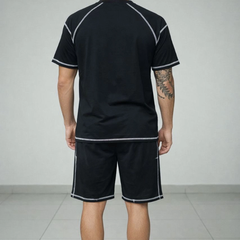 Erkek Kısa Kol Oversize Kalıp Tişört Şort ikili Takım Kontrast Dikişli - Siyah