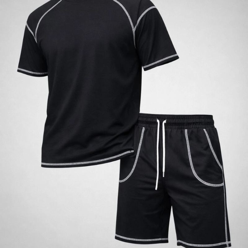 Erkek Kısa Kol Oversize Kalıp Tişört Şort ikili Takım Kontrast Dikişli - Siyah