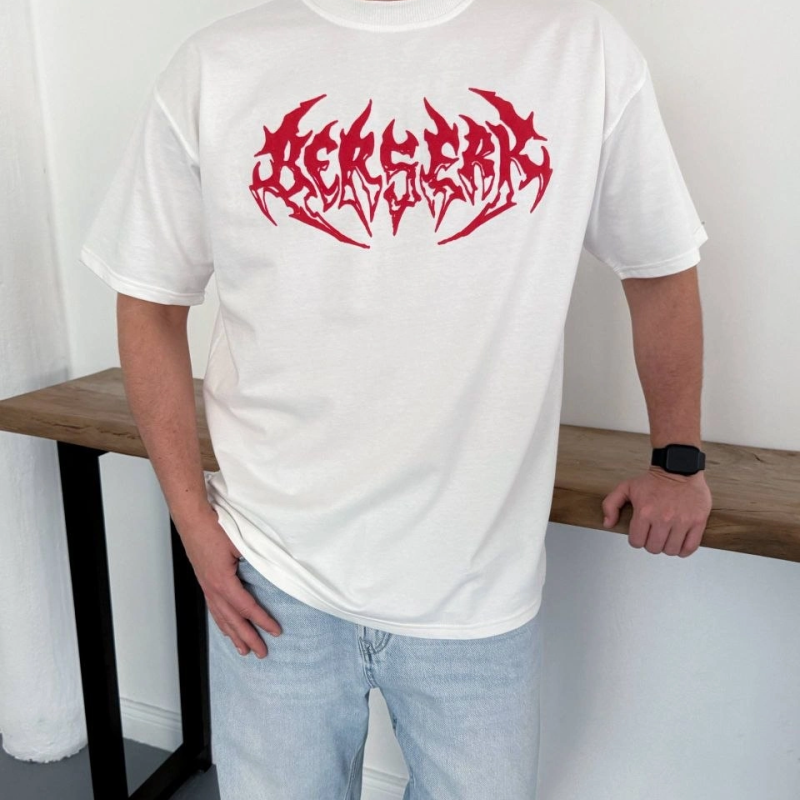 Erkek Kısa Kol Yazlık Tişört Bisiklet Yaka Baskılı Oversize T-Shirt - Beyaz