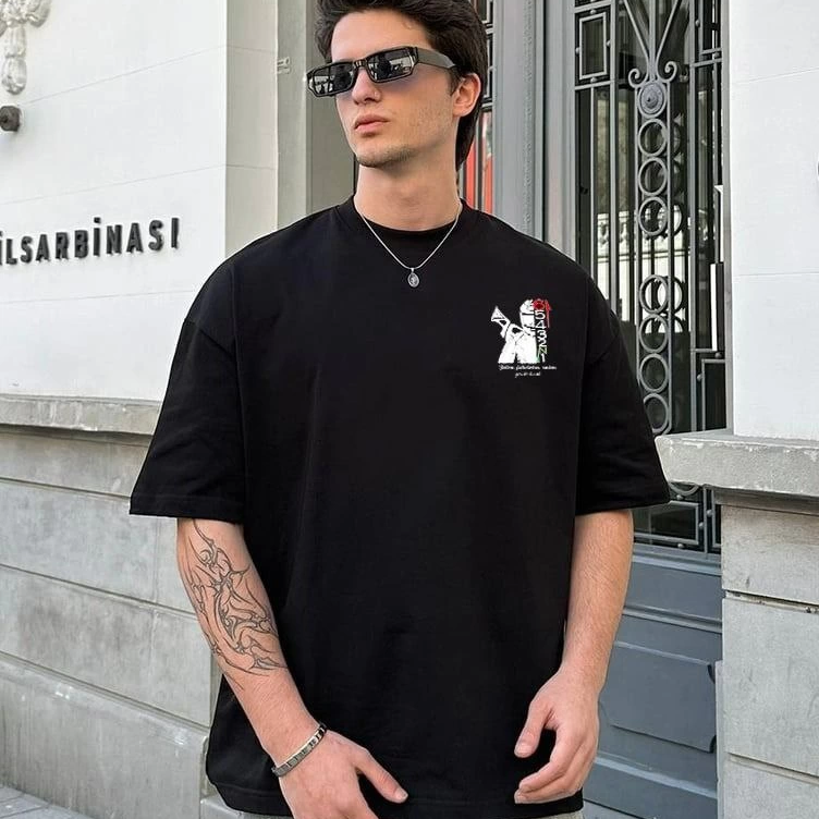 Erkek Kısa Kol Yazlık Tişört Bisiklet Yaka Baskılı Oversize T-Shirt - Beyaz