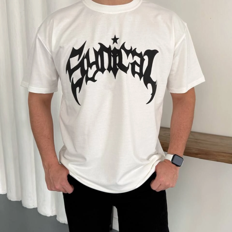 Erkek Kısa Kol Yazlık Tişört Bisiklet Yaka Baskılı Oversize T-Shirt - Beyaz