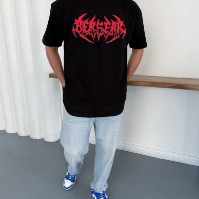 Erkek Kısa Kol Yazlık Tişört Bisiklet Yaka Baskılı Oversize T-Shirt - Siyah