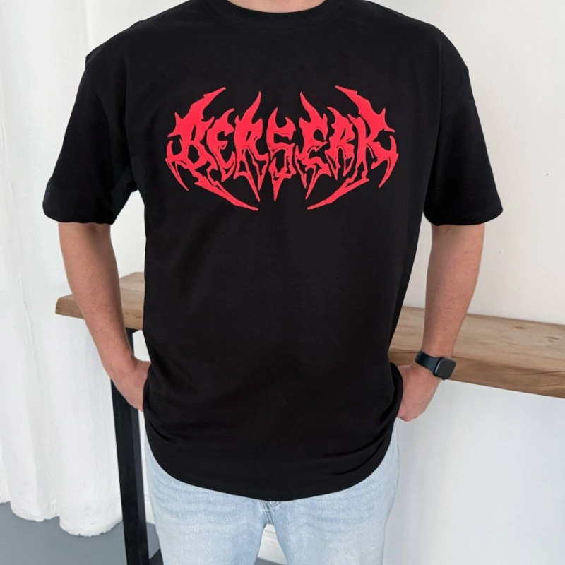 Erkek Kısa Kol Yazlık Tişört Bisiklet Yaka Baskılı Oversize T-Shirt - Siyah