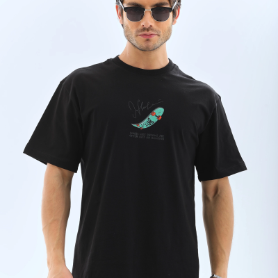 Erkek Kısa Kol Yazlık Tişört Bisiklet Yaka Baskılı Oversize T-Shirt - Siyah