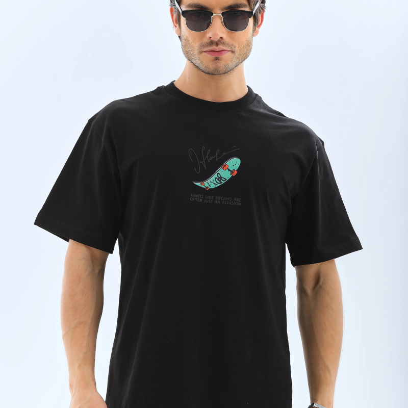 Erkek Kısa Kol Yazlık Tişört Bisiklet Yaka Baskılı Oversize T-Shirt - Siyah