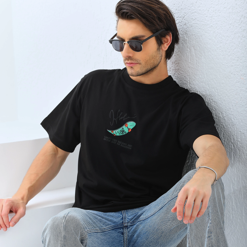 Erkek Kısa Kol Yazlık Tişört Bisiklet Yaka Baskılı Oversize T-Shirt - Siyah