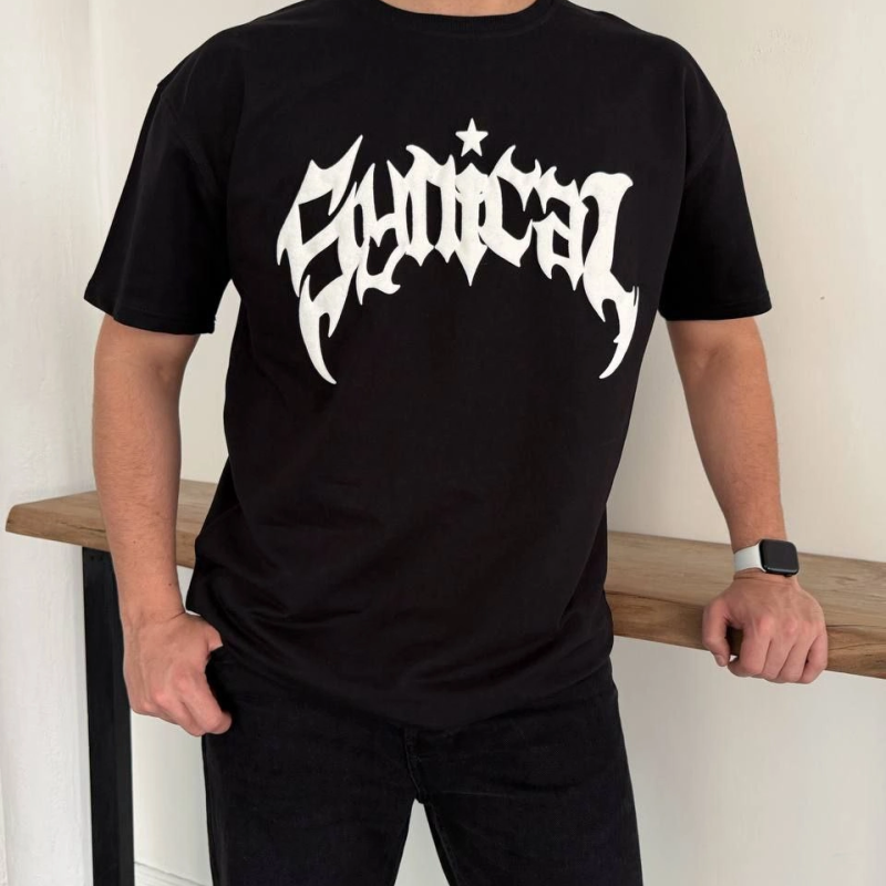 Erkek Kısa Kol Yazlık Tişört Bisiklet Yaka Baskılı Oversize T-Shirt - Siyah