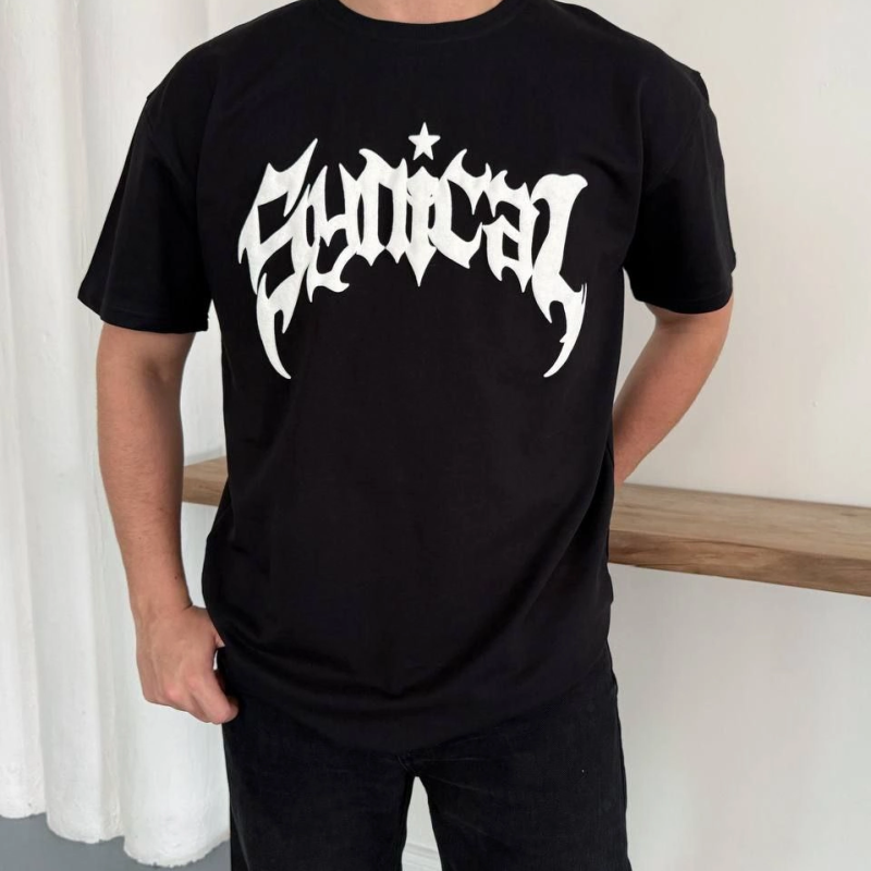 Erkek Kısa Kol Yazlık Tişört Bisiklet Yaka Baskılı Oversize T-Shirt - Siyah