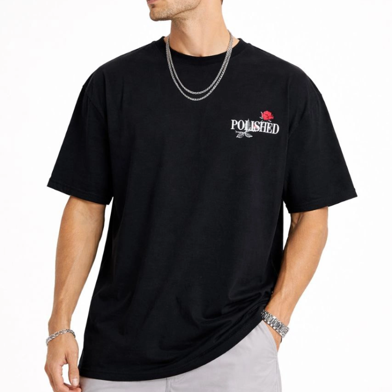 Erkek Kısa Kol Yazlık Tişört Bisiklet Yaka Baskılı Oversize T-Shirt - Siyah