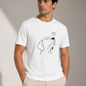 Erkek Köpek Figürlü Minimal Baskılı Tişört Kısa Kol Yazlık T-Shirt - Beyaz