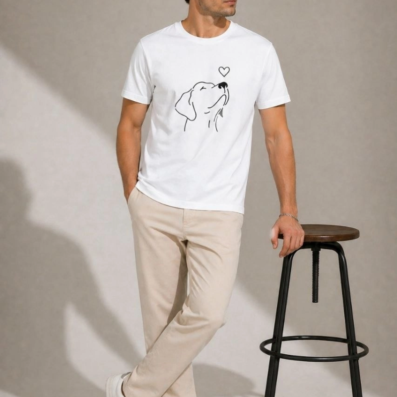 Erkek Köpek Figürlü Minimal Baskılı Tişört Kısa Kol Yazlık T-Shirt - Beyaz