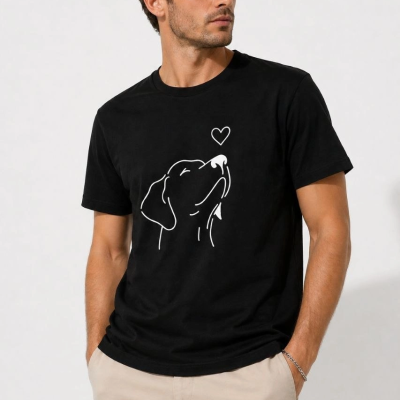 Erkek Köpek Figürlü Minimal Baskılı Tişört Kısa Kol Yazlık T-Shirt - Siyah