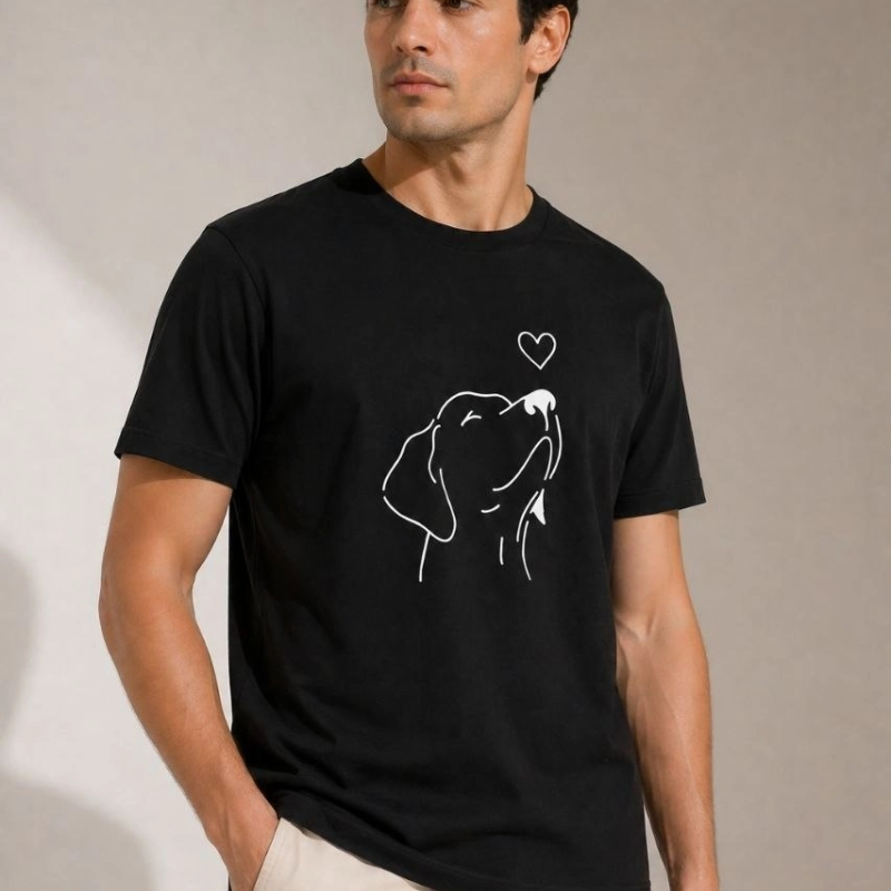 Erkek Köpek Figürlü Minimal Baskılı Tişört Kısa Kol Yazlık T-Shirt - Siyah