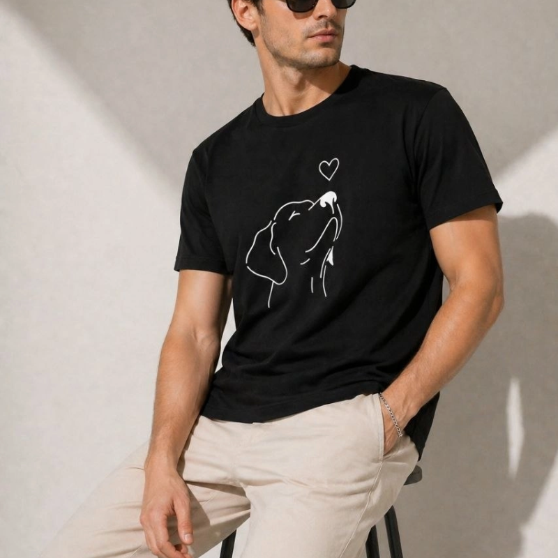 Erkek Köpek Figürlü Minimal Baskılı Tişört Kısa Kol Yazlık T-Shirt - Siyah