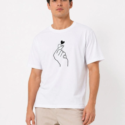 Erkek Kore Parmak Kalp Aşk Temalı Minimal Baskılı Tişört Yazlık Kısa Kol T-Shirt - Beyaz