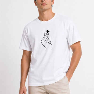 Erkek Kore Parmak Kalp Aşk Temalı Minimal Baskılı Tişört Yazlık Kısa Kol T-Shirt - Beyaz