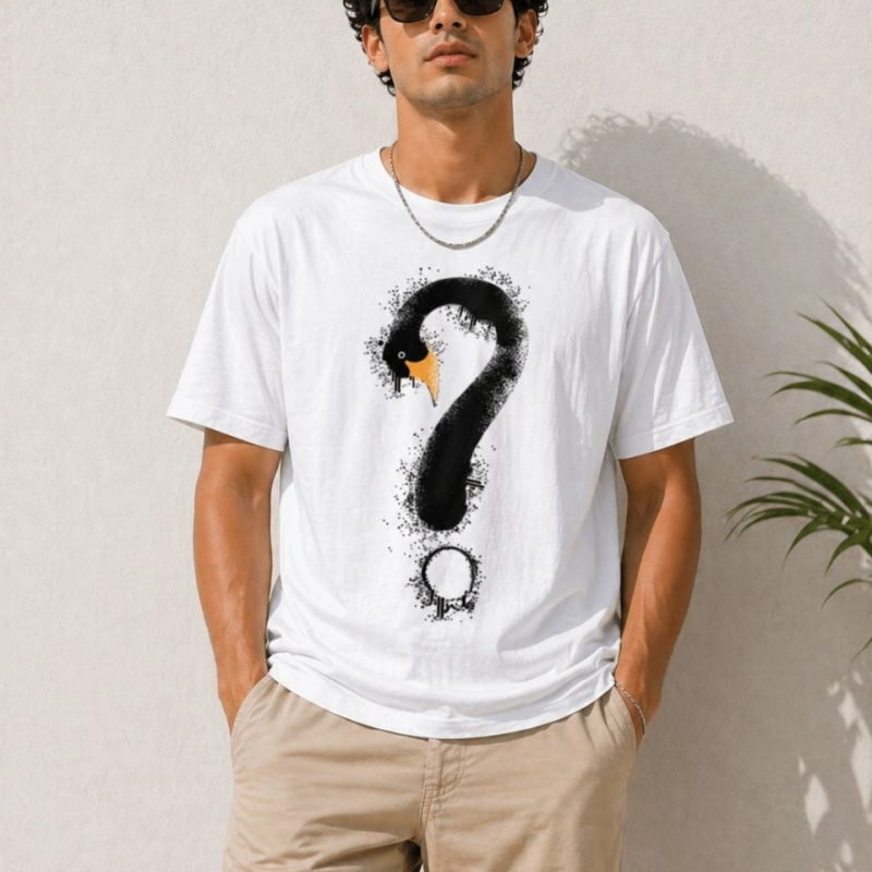 Erkek Kuğu Figürlü Soru İşareti Baskılı Tişört Kısa Kol T-Shirt - Beyaz