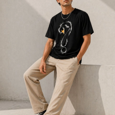 Erkek Kuğu Figürlü Soru İşareti Baskılı Tişört Kısa Kol T-Shirt - Siyah